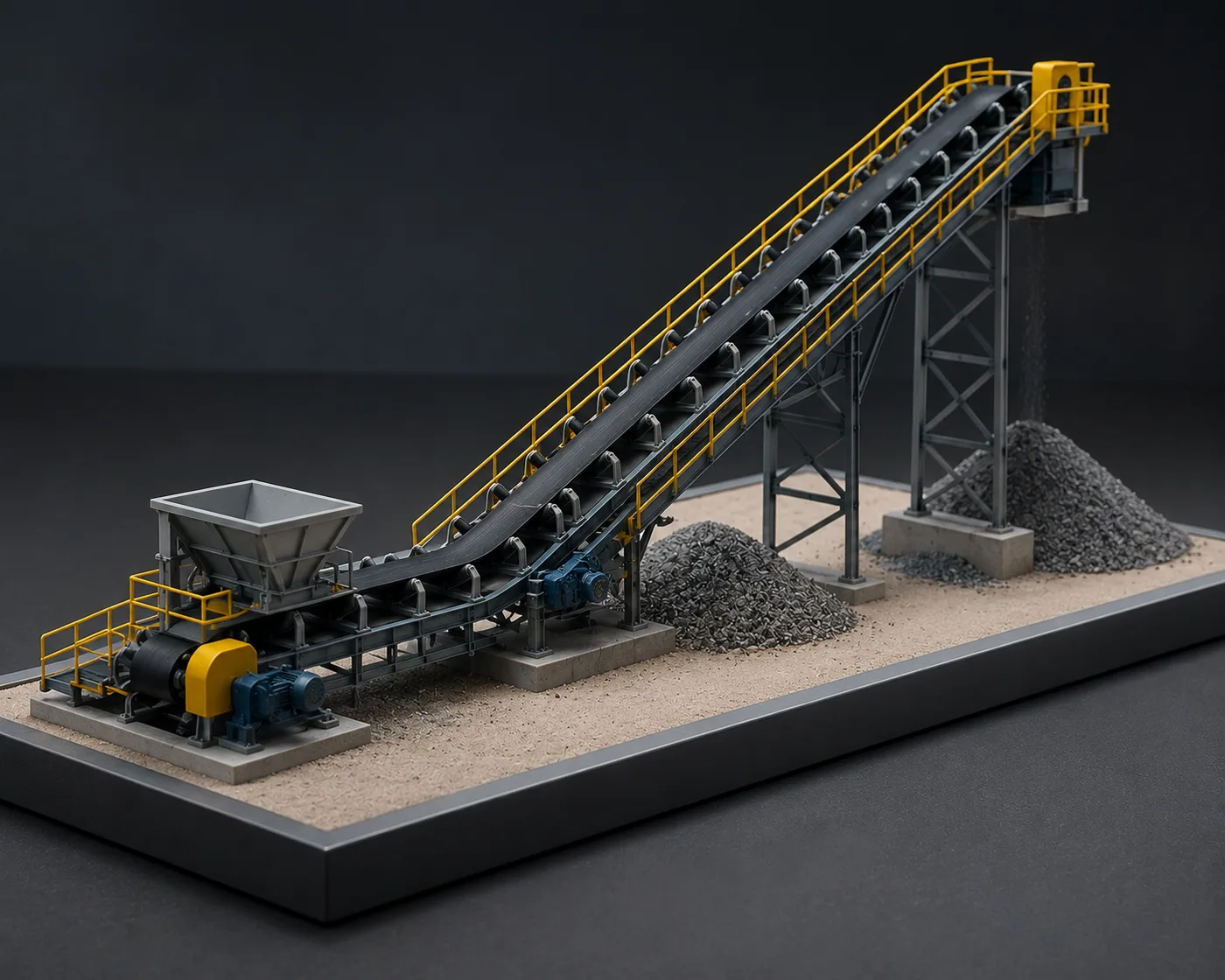 3D printed industrial scale model of a mining conveyor system with yellow walkways