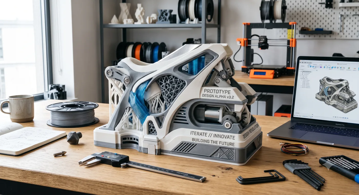 3D printed working prototype Design Alpha v3.2 with internal gears and lattice structure on a workbench