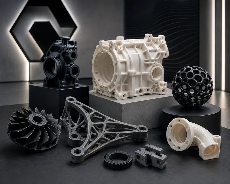 Collection of 3D printed engineering parts: gearbox housing, turbine impeller, topology-optimised bracket and lattice sphere