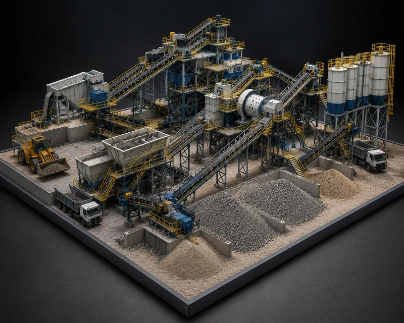 Detailed 3D printed scale model of a complete crushing and screening plant with conveyors and silos